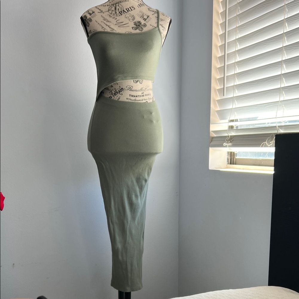 One Shoulder, Cut Out, Knit Sage Green Midi Dress